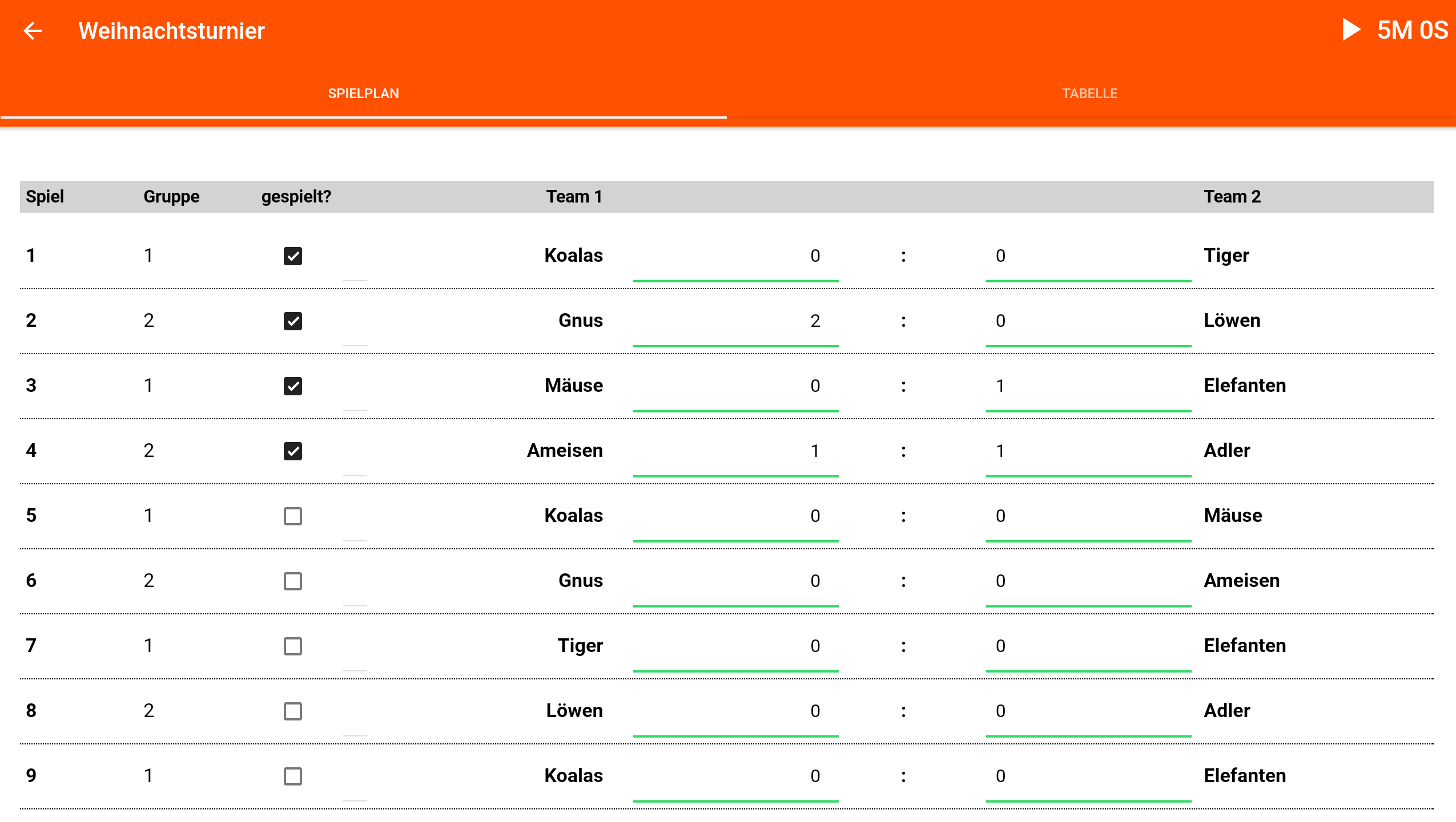 Turnier Spielplan